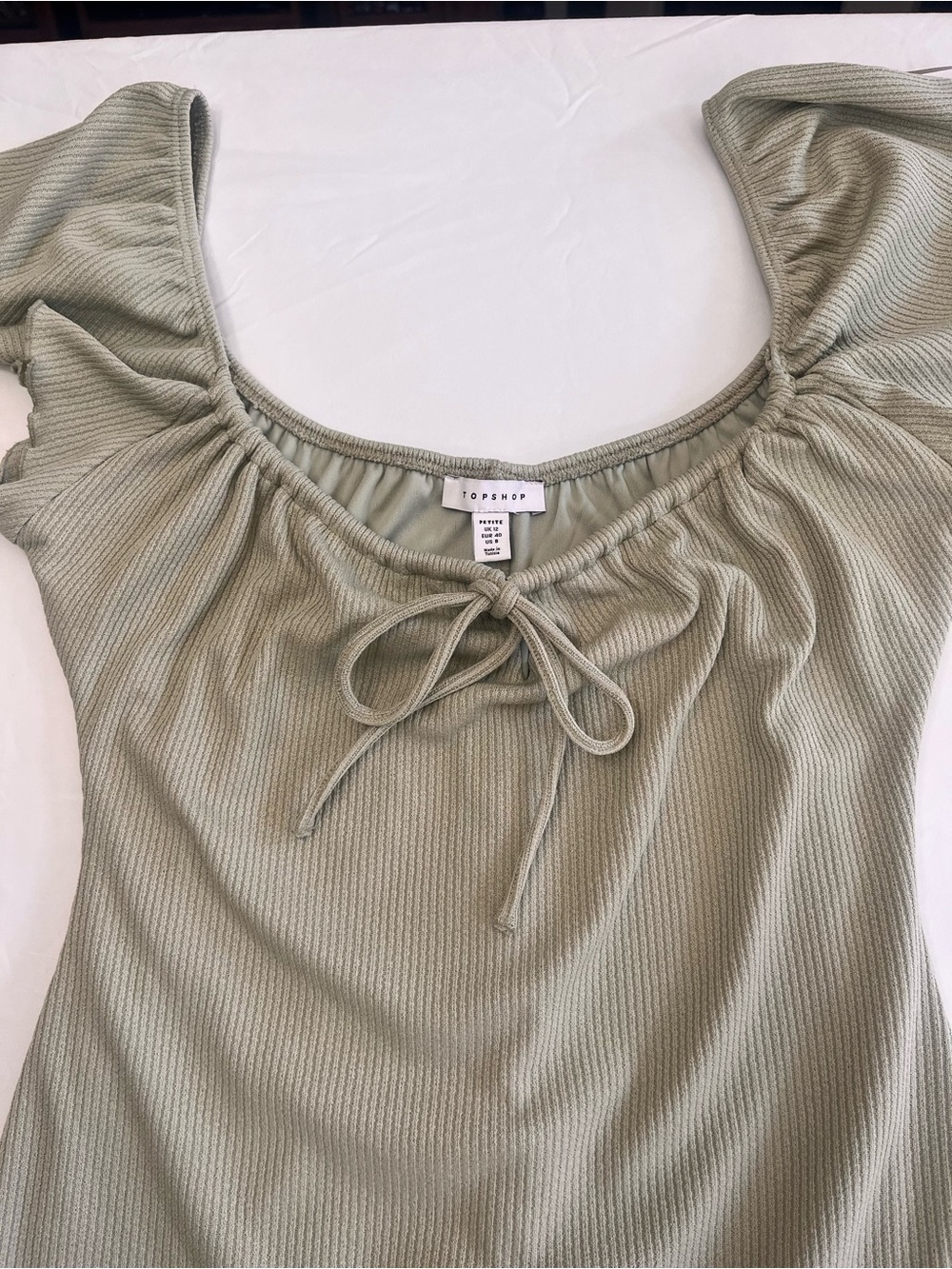 Topshop 90s style Dress Sage Green Ribbed Tie-Front mini